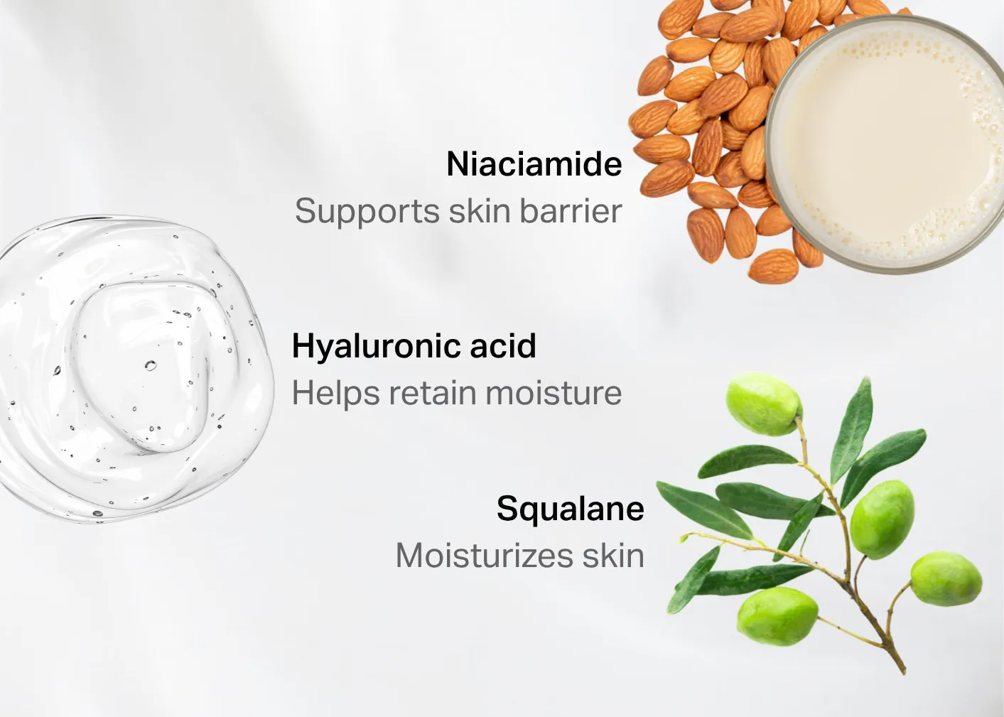 A compilation of 3 ingredients: Hyaluronic acid, Niaciamide, Squalane for skin barrier